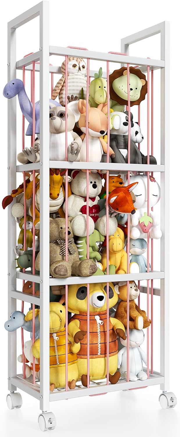 Stuffed Animal Storage, Metal Stuffed Animal Holder with Wheels & Elastic Cords, Space Save Toy Organizer, Large Capacity Stuffed Animal Zoo for Playroom, Bedroom, Nursery (54" Pink)