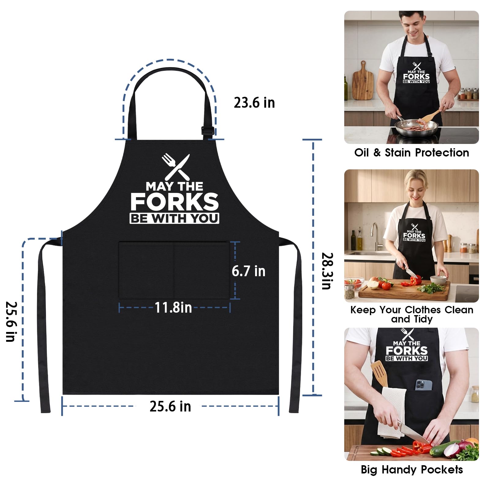 Tablier de cuisine pour homme avec inscription « May The Forks Be with You » - Tablier de cuisine amusant pour les fans de cinéma, tablier de chef noir, cadeau d'anniversaire pour homme, papa, mari