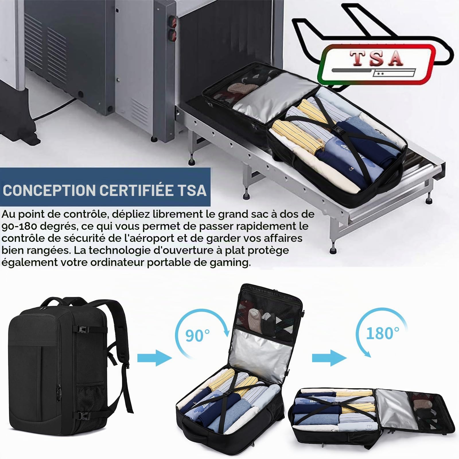 Bagage Cabine 55x40x20cm Grande Sac a Dos Voyage Cabine Avion 44L Femme Homme Bagage à Main Sac a Dos Cabine Valise Sac à Dos pour Ordinateur Portable 18.4Pouces, Noir