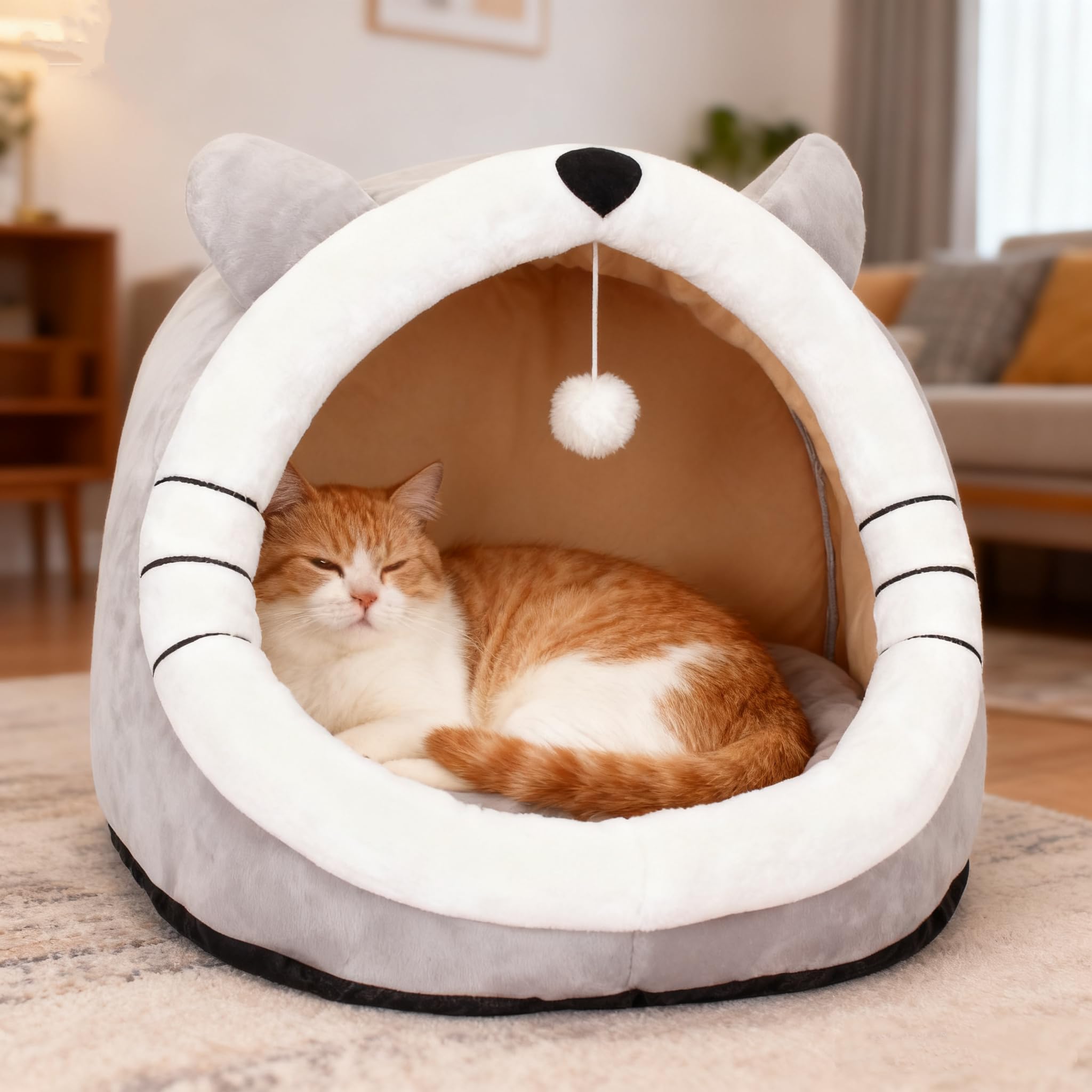 سرير قطط شبه مغلق لجميع المواسم، سرير قطط قابل للازالة والغسل للقطط الداخلية، منزل قطط مريح للقطط والكلاب للعب والنوم (رمادي، M)