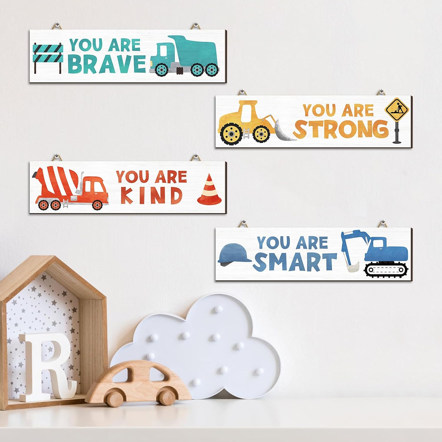 Adecortalk 4 Pcs Construction Room Decor for Kids Boys Girls Bedroom Wall Hanging Decor with Wooden Design, Motivational Truck Wall Art Posters for Kids Toddler Room Playroom Bedroom Nursery Decorations image 3