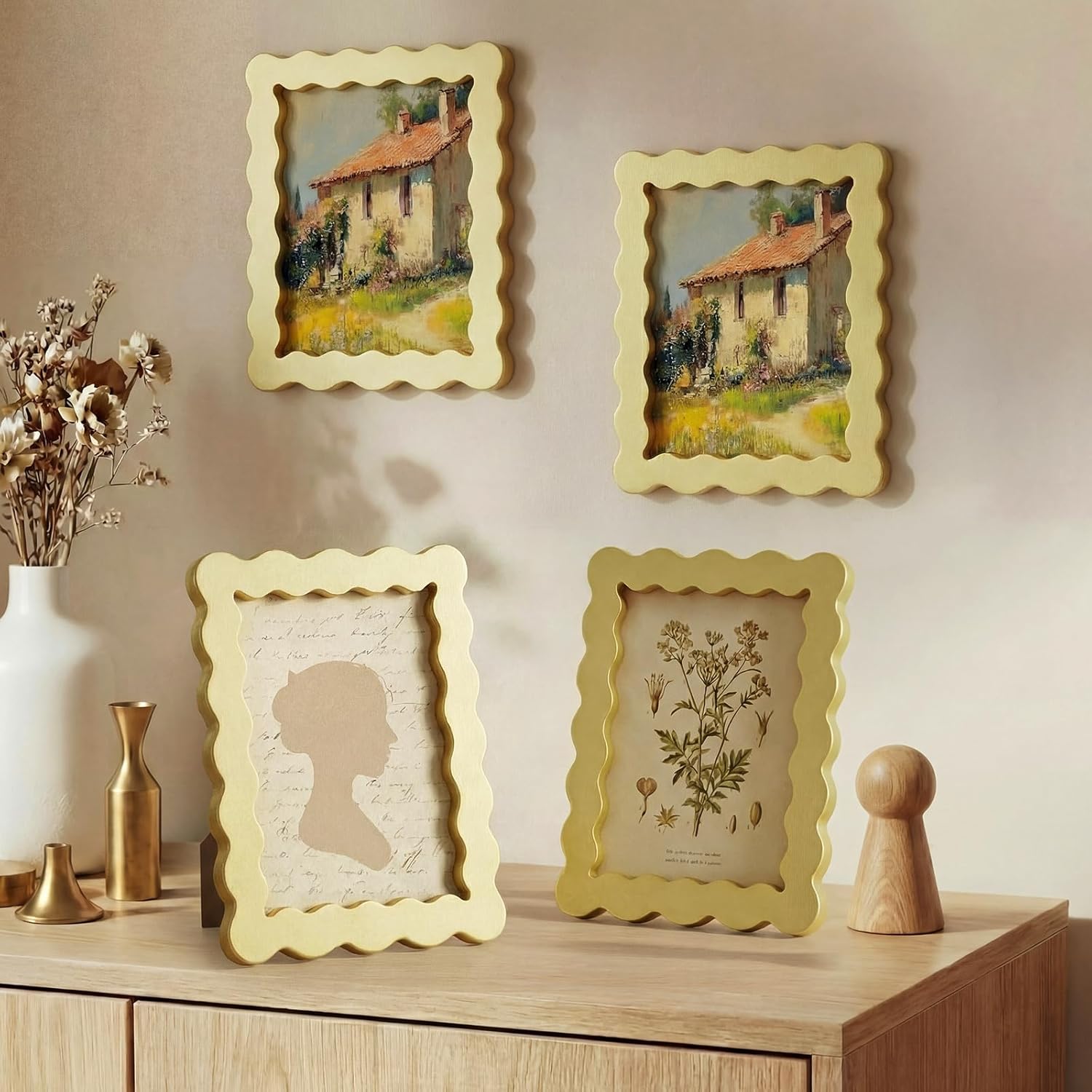 Novabright 4 Set 5 x 7 Wavy Picture Frame with Mat Scalloped Wavy Edge Wooden Photo Frames with Real Glass - Wall Mount and Tabletop Display for Home Decor Wedding Gifts, Golden