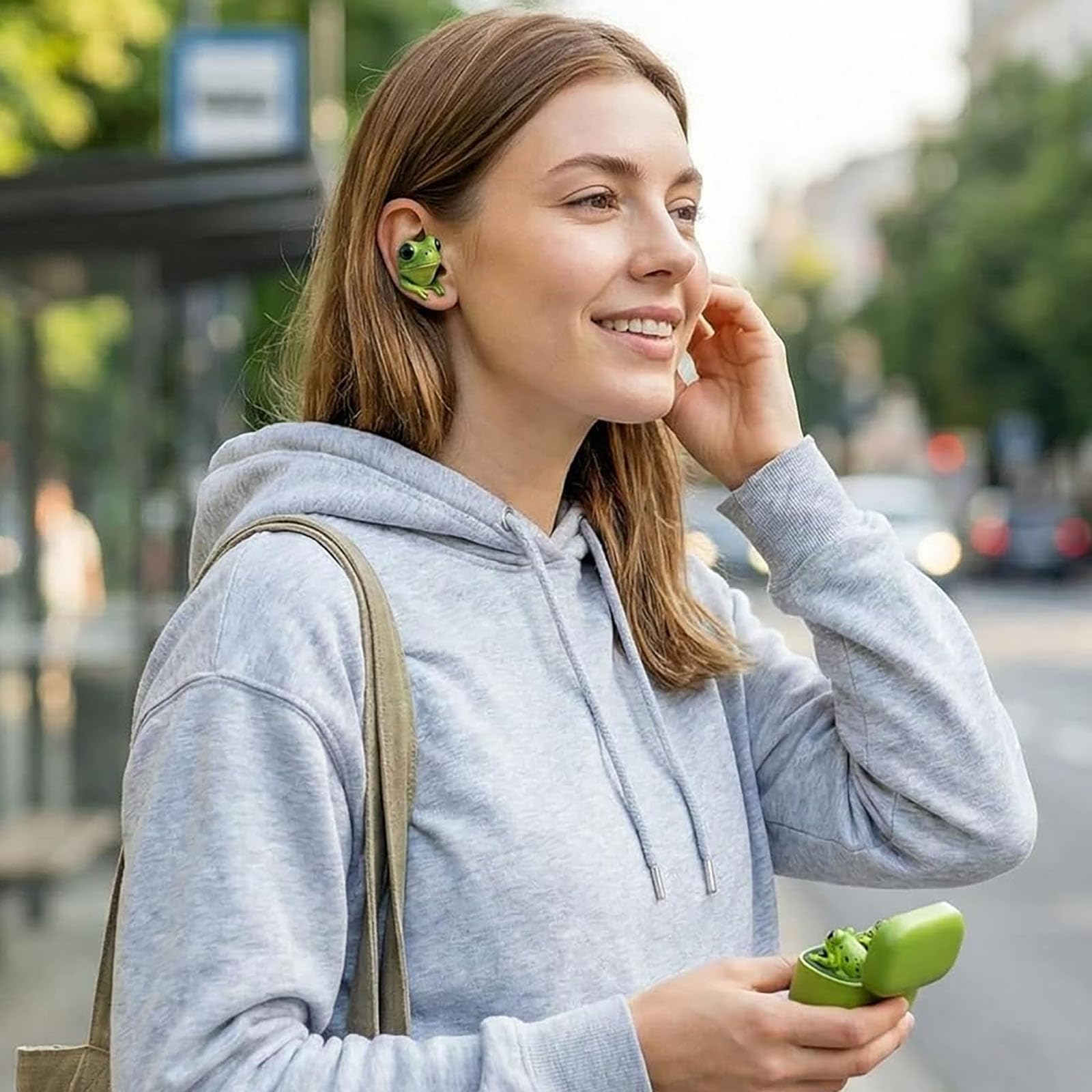 Frog Earbuds Wireless Bluetooth, Cute Animal Shaped Bluetooth Earbuds with Charging Case, Wireless in Ear Headphones, Deep Bass, Noise Reduction, IPX4 Waterproof, Gift for Kid & Adult (Frog) — view 4