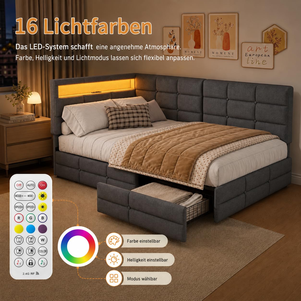Polsterbett Schlafsofa 90x200 mit LED, Polsterbett Tagesbett Einzelbett, Jugendbett 90x200 mit 2 Schubladen und Stauraum, Jugendbett Tagesbett mit USB, Gästebett, Ohne Matratze, Grau