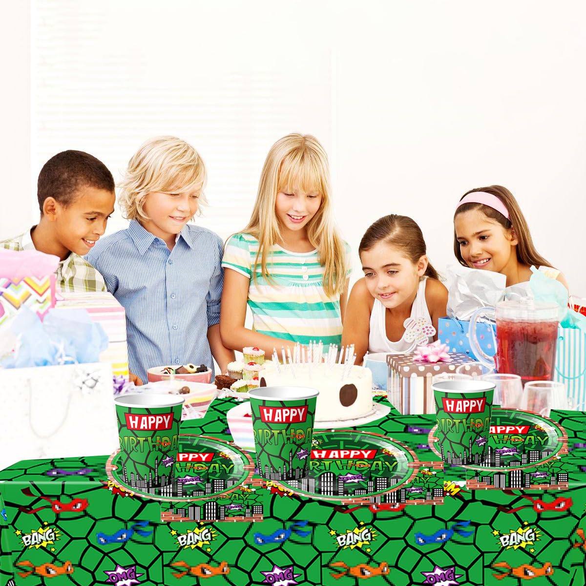 61 pezzi Set di stoviglie per feste di compleanno per bambini Green Turtle, festa di compleanno per bambini Superhero Turtle Shell, tazze, piatti, tovaglioli, tovaglia, adatto per 20 ospiti