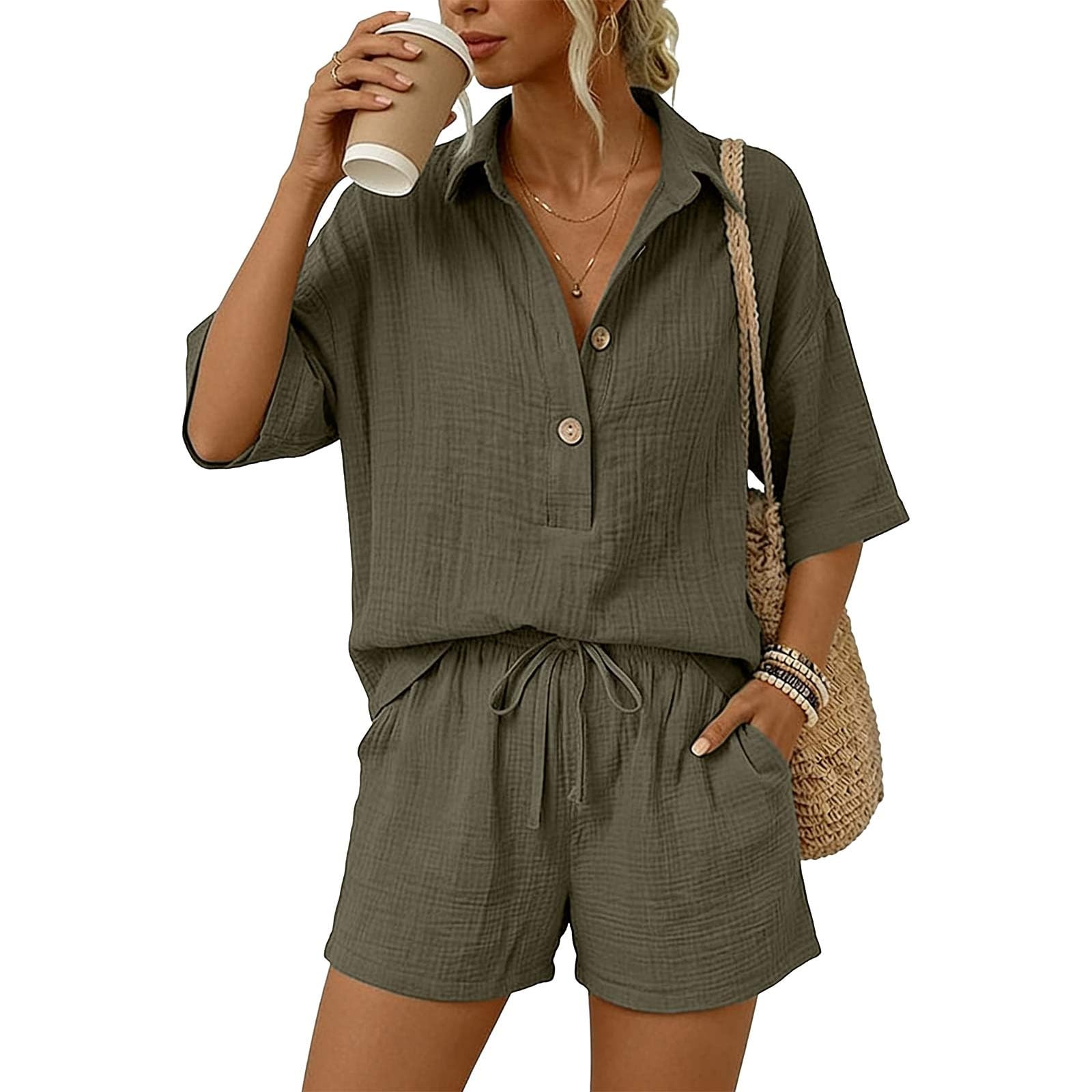 Genérico Conjuntos Mujer Verano Casual Dos Piezas Pantalon Cortos y Blusa Elegante Conjunto Lino Chándal Camisa Manga Corta Conjunto de Verano Ropa de Playa Chandal con Bolsillos
