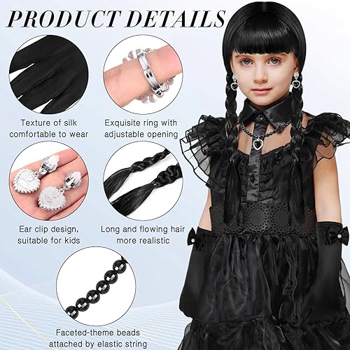 Miniatura 3 de Disfraz de peluca negra para niñas, disfraces de Halloween para niños y niñas, conjunto de accesorios de disfraz negro para niños (clásico)