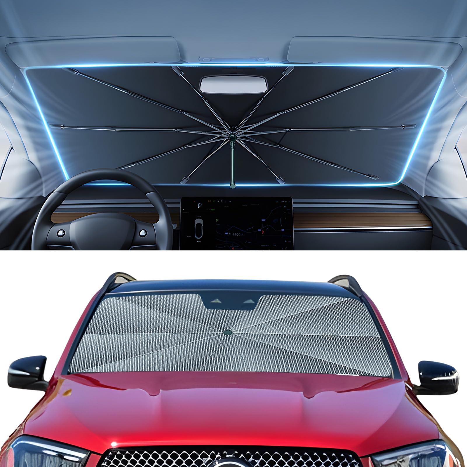 Autorder Windshield Sun Shade Umbrella for 2012-2026 Mercedes Benz GLE 350 450 Accessories,Upgraded Ice Crystal Material,Easy Setup Umbrella Sunshade for Car Windshield,100% Sun Blocking