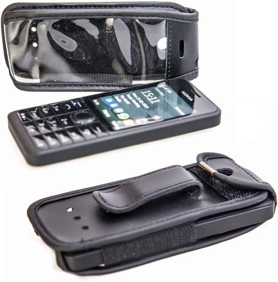 caseroxx Leather-Case with belt clip compatible with Nokia 301 made from genuine leather, Pouch with belt clip and viewing window in black
