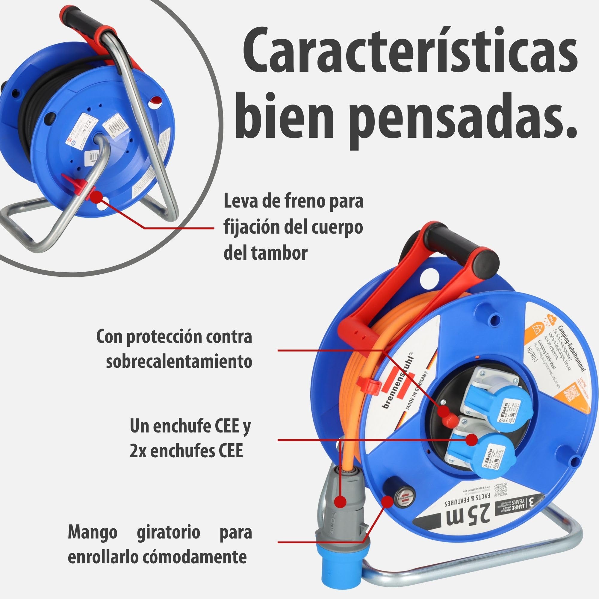 Brennenstuhl enrollacables Garant CEE 230V con alargador de 25m (uso universal en exteriores, con 2 enchufes CEE, fabricado en alemania)