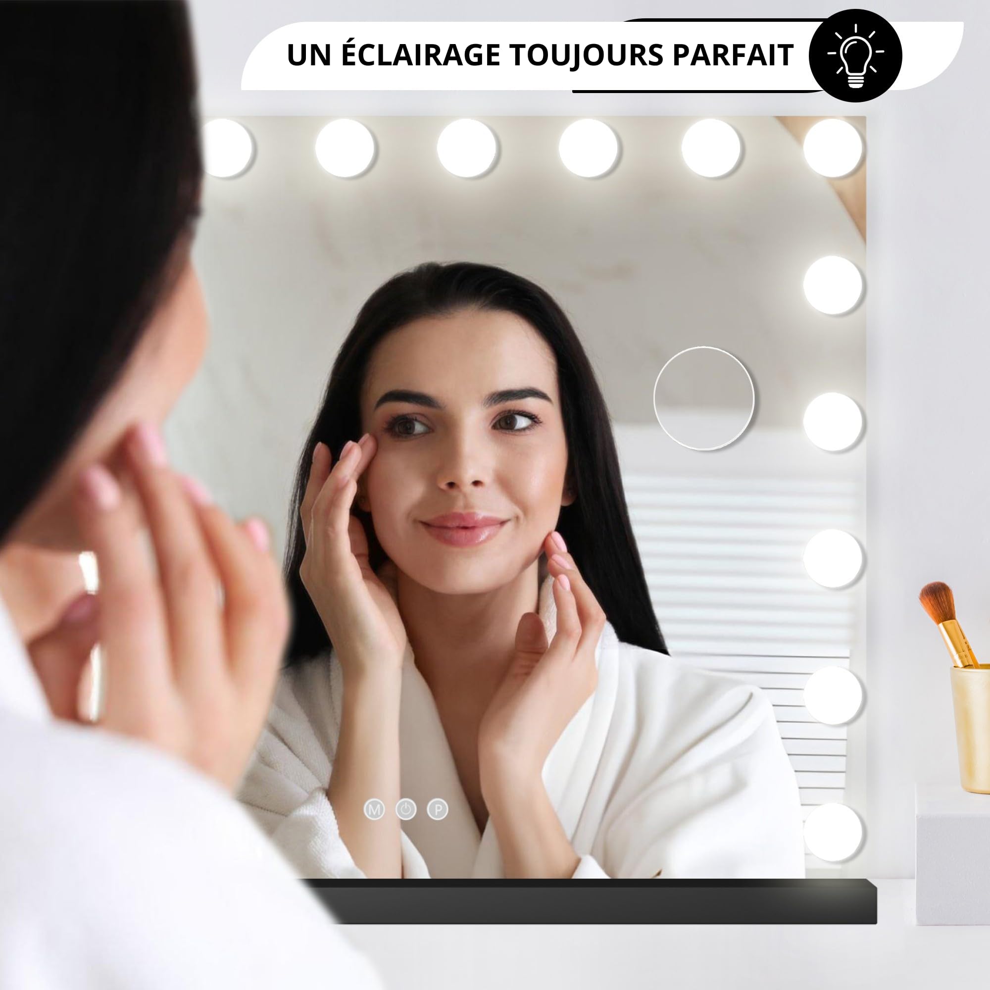 Bayt Miroir Maquillage Hollywood avec Éclairage 80x60 cm – Miroir LED Dimmable avec Grossissement 10x – Noir