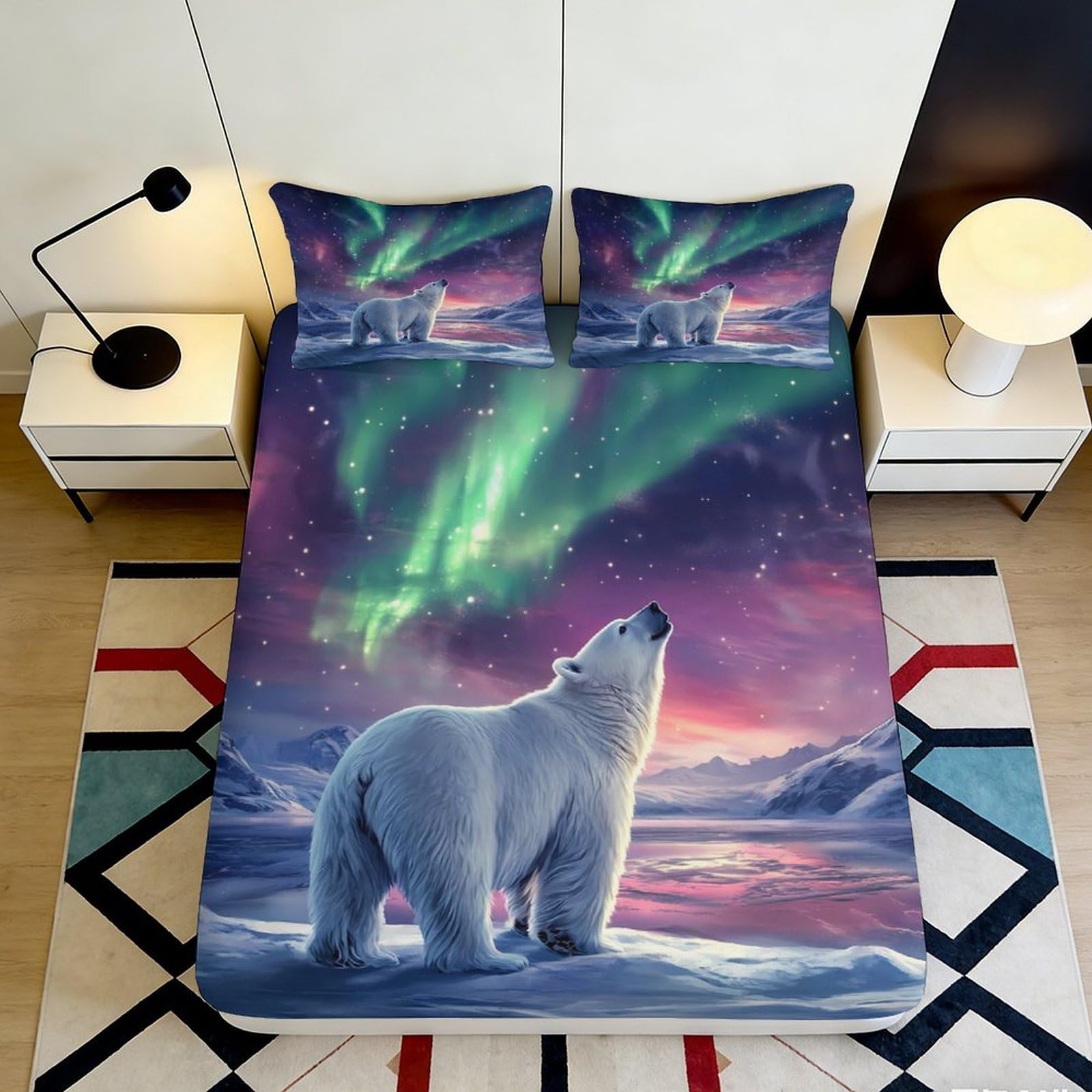 3D Printed Aurora Polar Bear Fitted Sheet Microfiber Soft Mattress Cover for Bedroom Dorm Bed Protection Decor 120x200x25cm