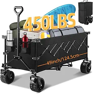 49''L Collapsible Foldable Extended Wagon with 450lbs Weight Capacity, Heavy Duty 300L Folding Utility Garden Cart with Big All-Terrain Beach Wheels & Drink Holders. Black