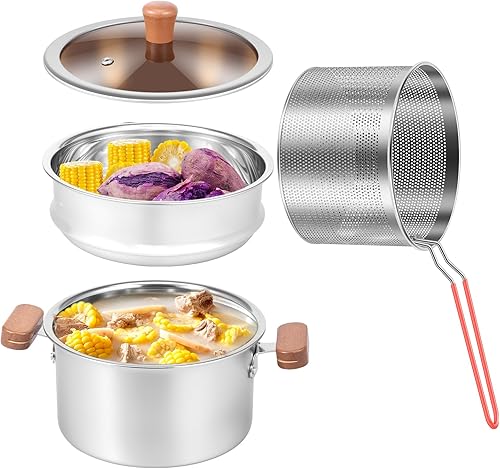 Olla de vapor de acero inoxidable con inserto de vapor y cesta de malla de 2.5 L2.64 cuartos de galón, olla para freidora profunda con cesta y mango