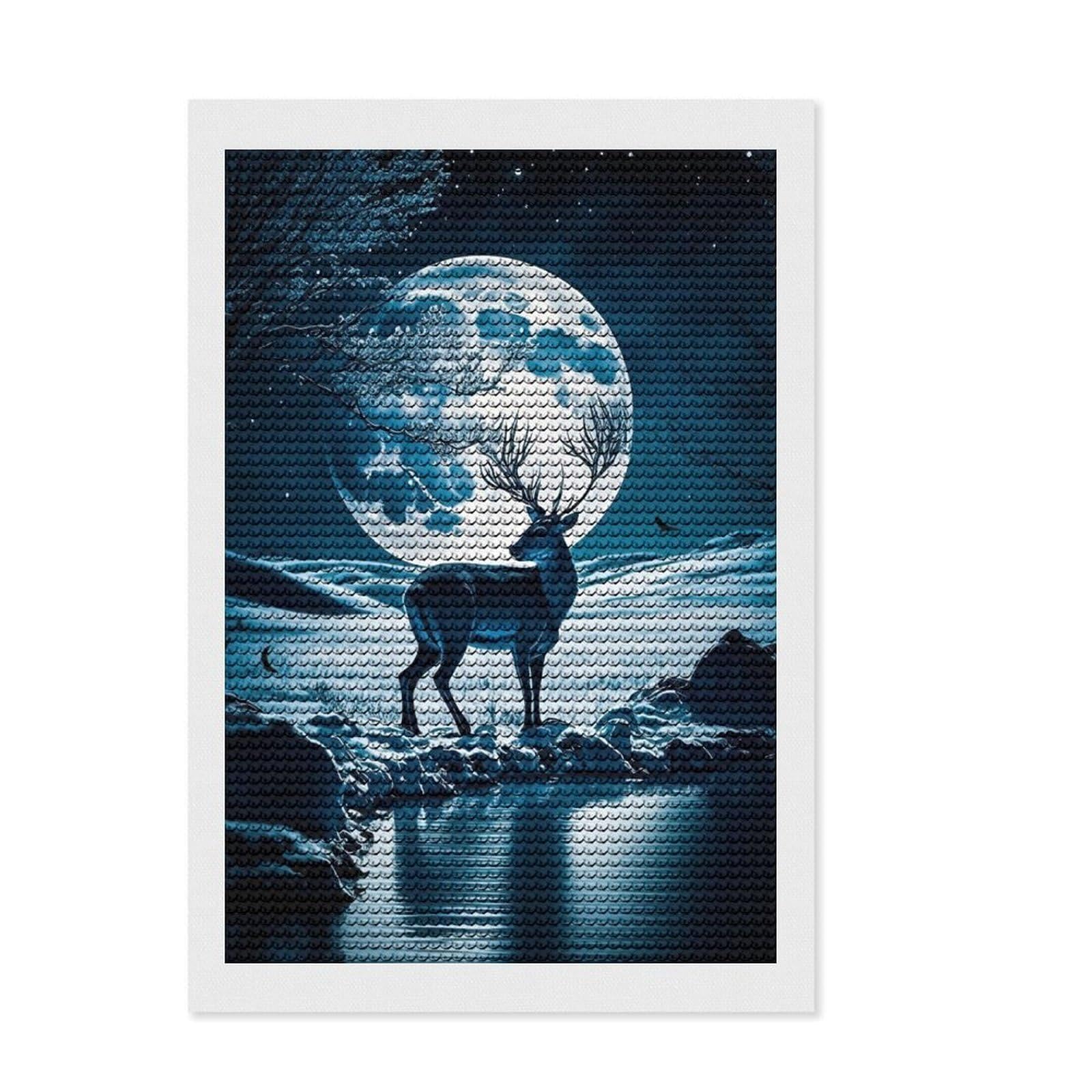 Junmoney Deer Moon Landscape Full Drill Diamond Painting Kit 8"x12", Complete Accessories, Neat Printed Canvas, Creative Leisure Activity