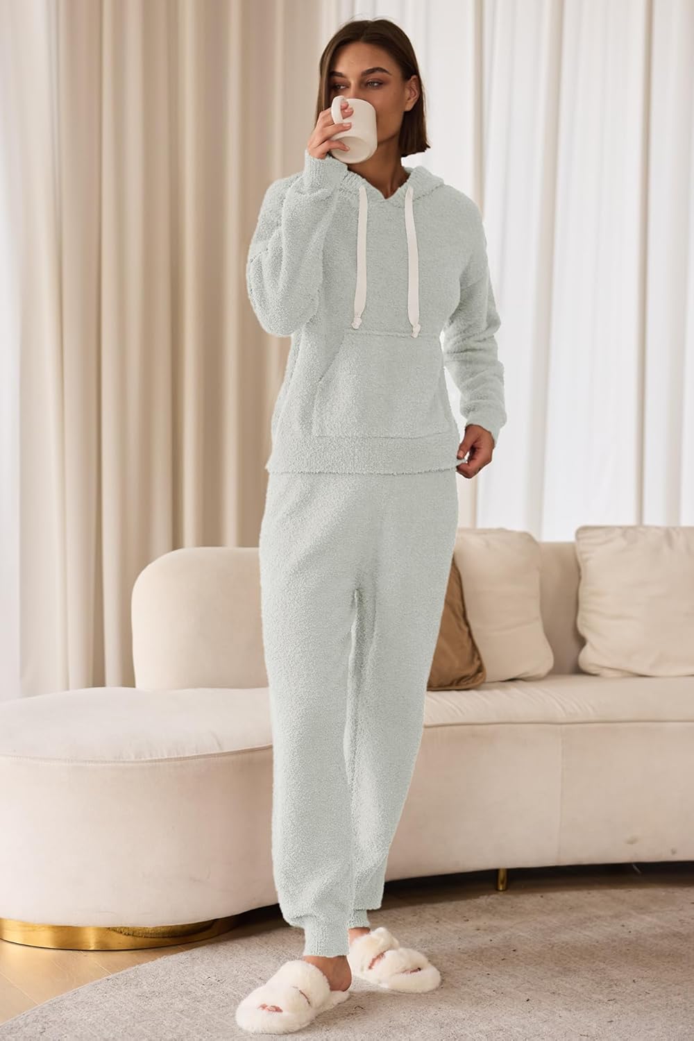 Panadila Womens Fuzzy Lounge Set 2 Piece Outifts Oversized Fleece Pajama Set Long Sleeve Hoodie and Joggers with Pockets - Image 4