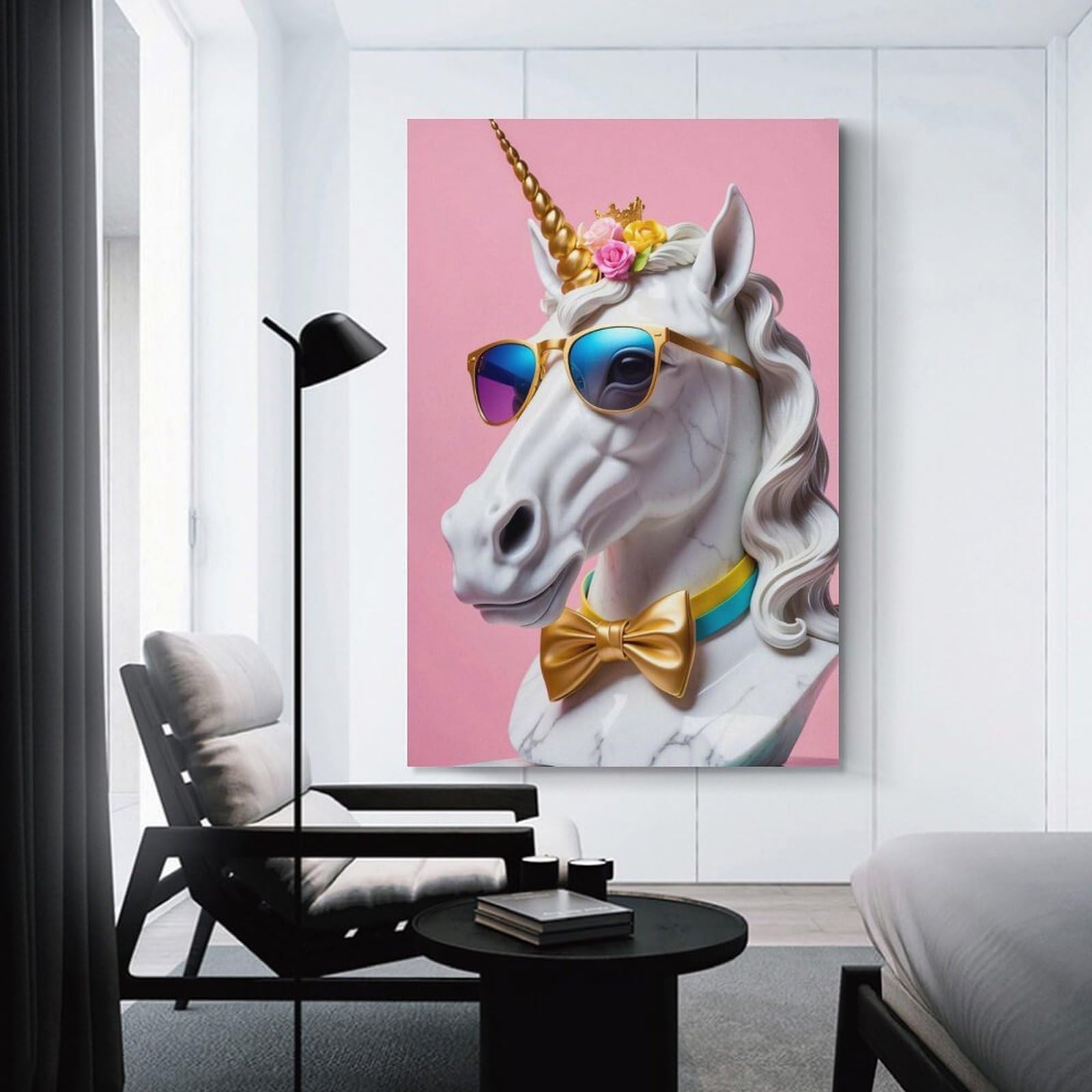 Junmoney Unframe-Style-23 Stylish Unicorn Bust With Sunglasses Hanging Wall Art, 24X36inch(60X90cm), For Entrance Walls, Hall Decor Or Foyers, Wall Decor To Refresh Empty Corners