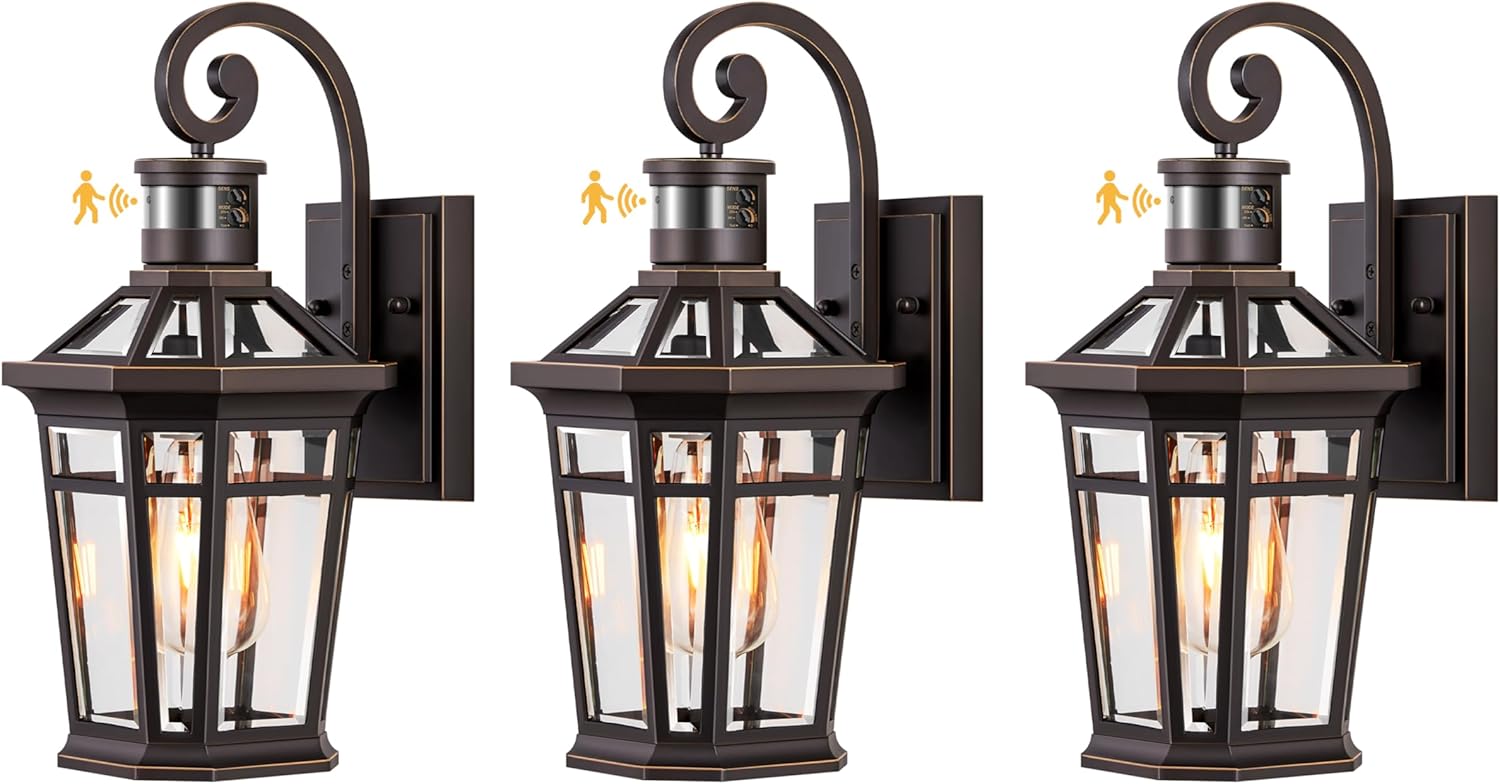 3-Pack Oil Rubbed Bronze Motion Sensor Outdoor Porch Lights Wall Mount, Outside Garage Lights, Exterior Lighting Fixtures, Exterior Sconce Light, Anti-Rust Wall Lantern for Patio, Coach