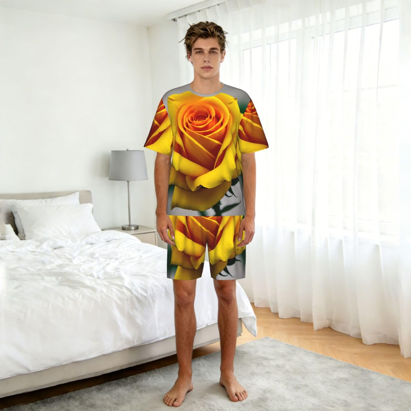 Conjunto de pijama clásico con estampado de rosas amarillas para hombre, pantalones cortos de pijama suaves para hombre, perfecto para las noches de verano
