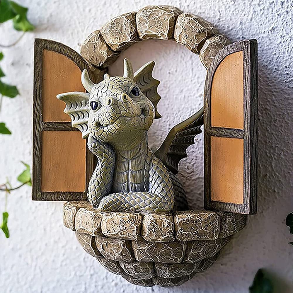 Courtyard Dinosaur Sculpture Wall Decoration Weatherproof Resin Statue Miniatures for Patio Yard Garden Wall Decoration Lovely Dragon Garden Ornaments