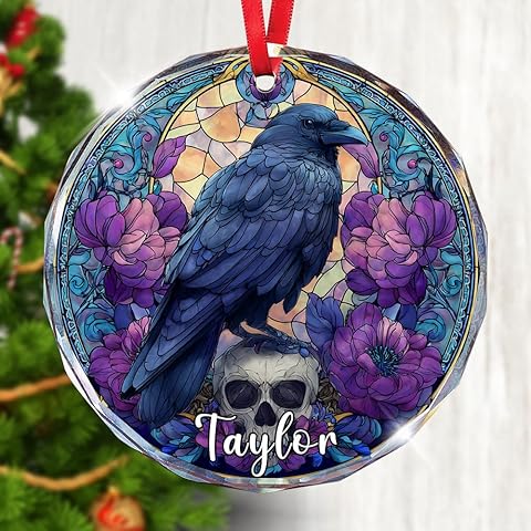Raven Ornament Personalized - Glass Gothic Ornaments for Christmas Tree - Custom Na...