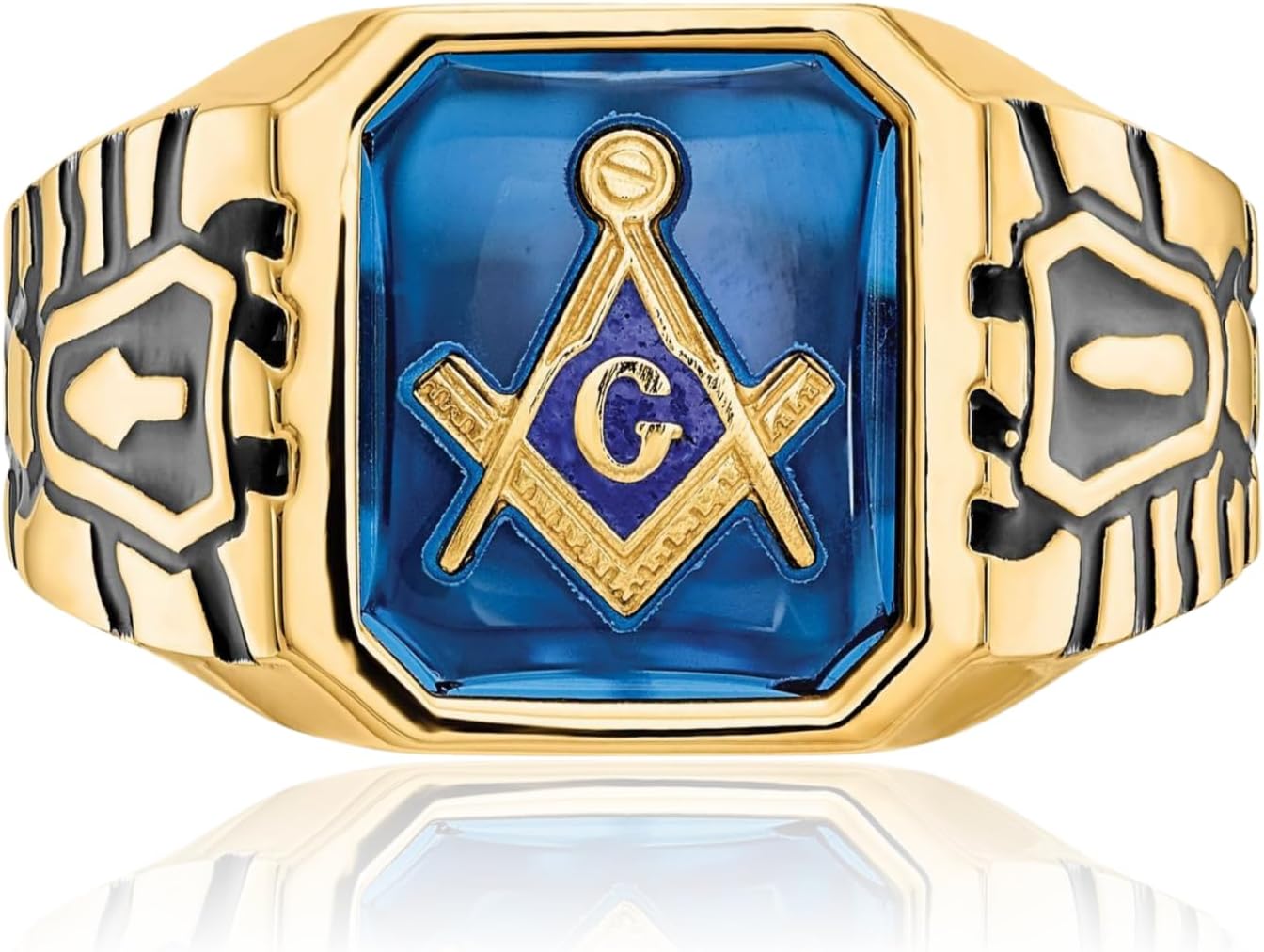 IceCarats 10K Solid Yellow Gold Mens Vintage Simulated Blue Spinel Master Mason Signet Freemason Masonic Ring - Image 3