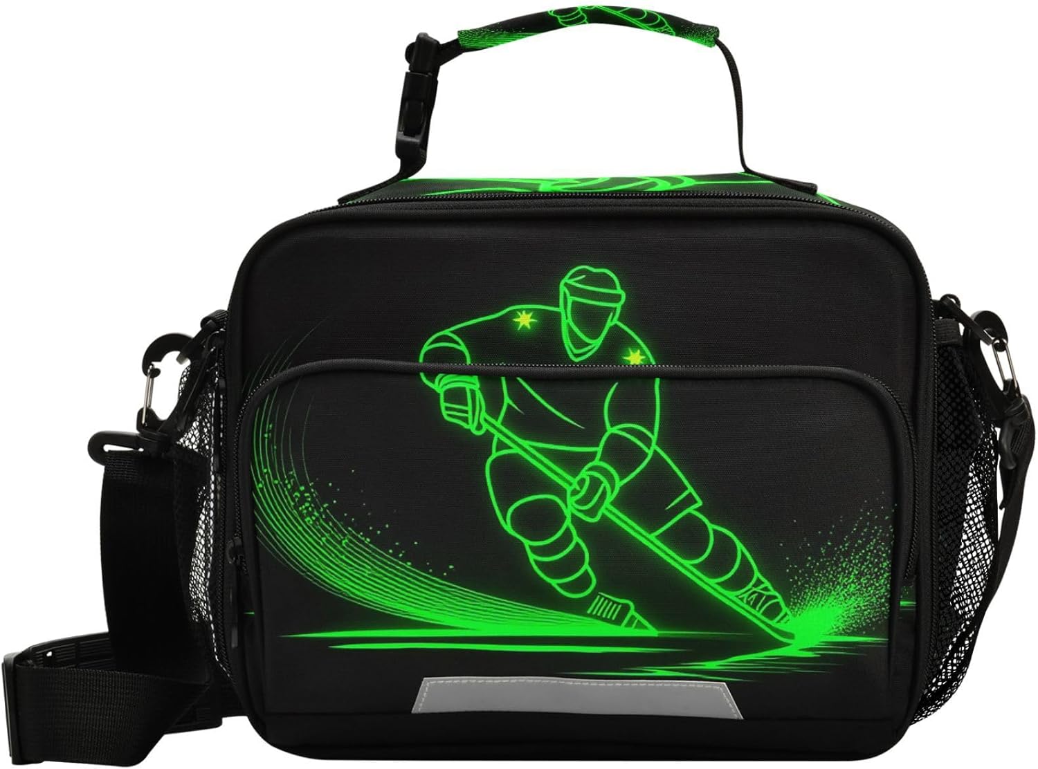 Pfrewn Hockey Player Lunch Box for Kids School Students Green Neon Hockey Sport Insulated Lunch Bag with Shoulder Strap for Office Adults Reusable Cooler Bags Lunch Tote