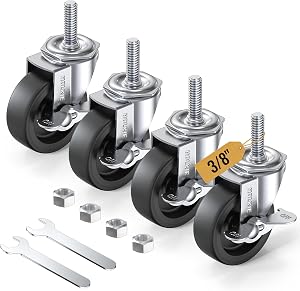 HOLKIE Caster Wheels 3 inch Locking Stem Casters, 3/8" -16 x 1-1/2" (Stem Diameter 3/8", Stem Length 1-1/2") Threaded Stem Casters Swivel Casters Set of 4 Heavy Duty Castors,Black Caster for Furniture