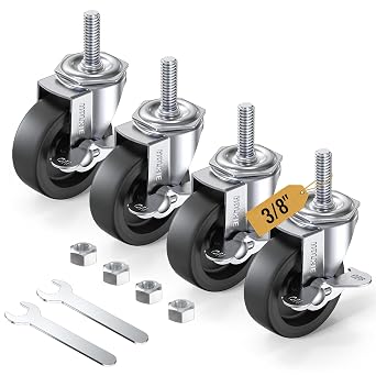 HOLKIE Caster Wheels 3 inch Locking Stem Casters, 3/8" -16 x 1-1/2" Stem Diameter 3/8", Stem Length 1-1/2" Threaded Stem Casters Swivel Casters Set of 4 Heavy Duty Castors Black