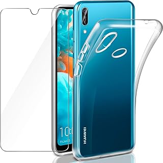 Leathlux Funda Huawei Y6 2019 + Protector de Pantalla de Cristal Templado, Suave Transparente Silicona Protectora TPU Gel Fina Carcasa para Huawei Y6 / Y6 Pro 2019
