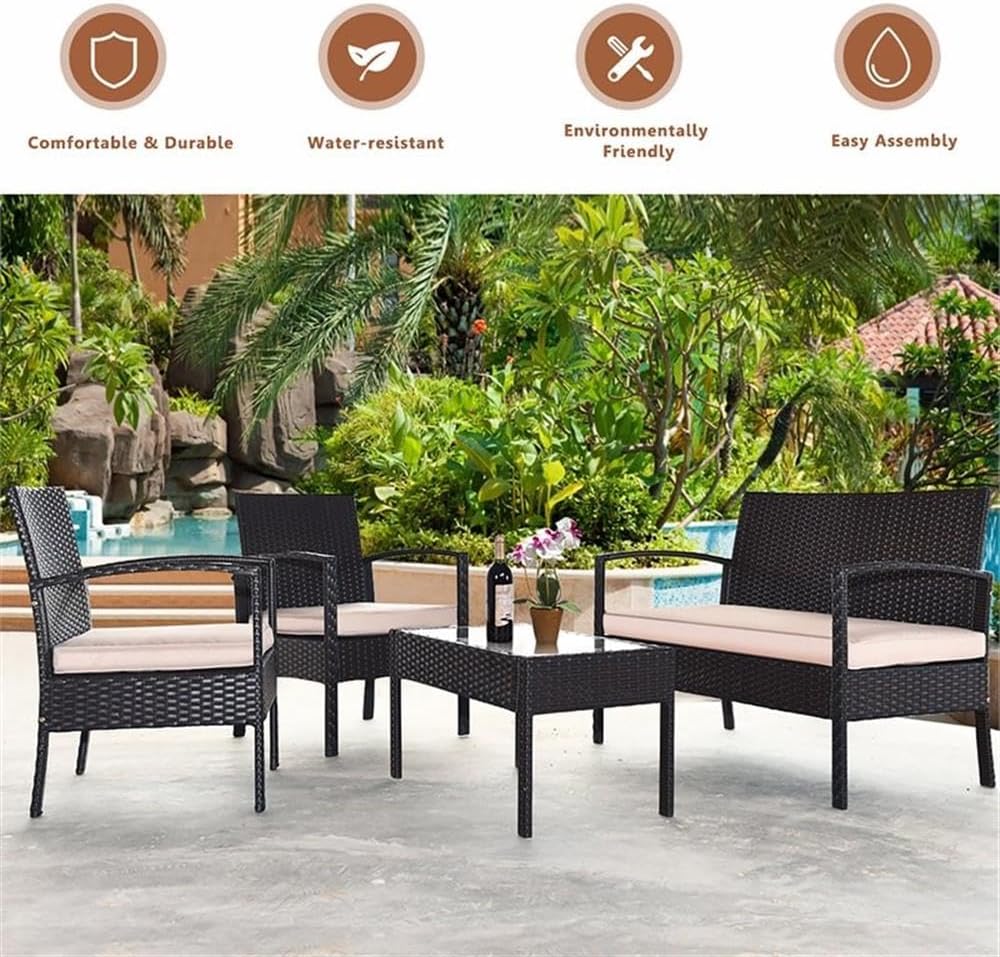 Pemberly Row 4-Piece Rattan Patio Conversation Furniture Set, Steel Frame PE Wicker, Black Cushions, Includes Loveseats, Single Sofas, and Tables with Tempered Glass Tops for Outdoor Spaces