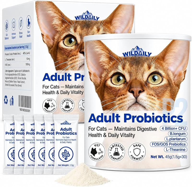 Probiótico para Gatos Adultos Wildaily com Prebióticos, B. longum, L. plantarum e L-Theanine, 30 Sachês de 1,5 g