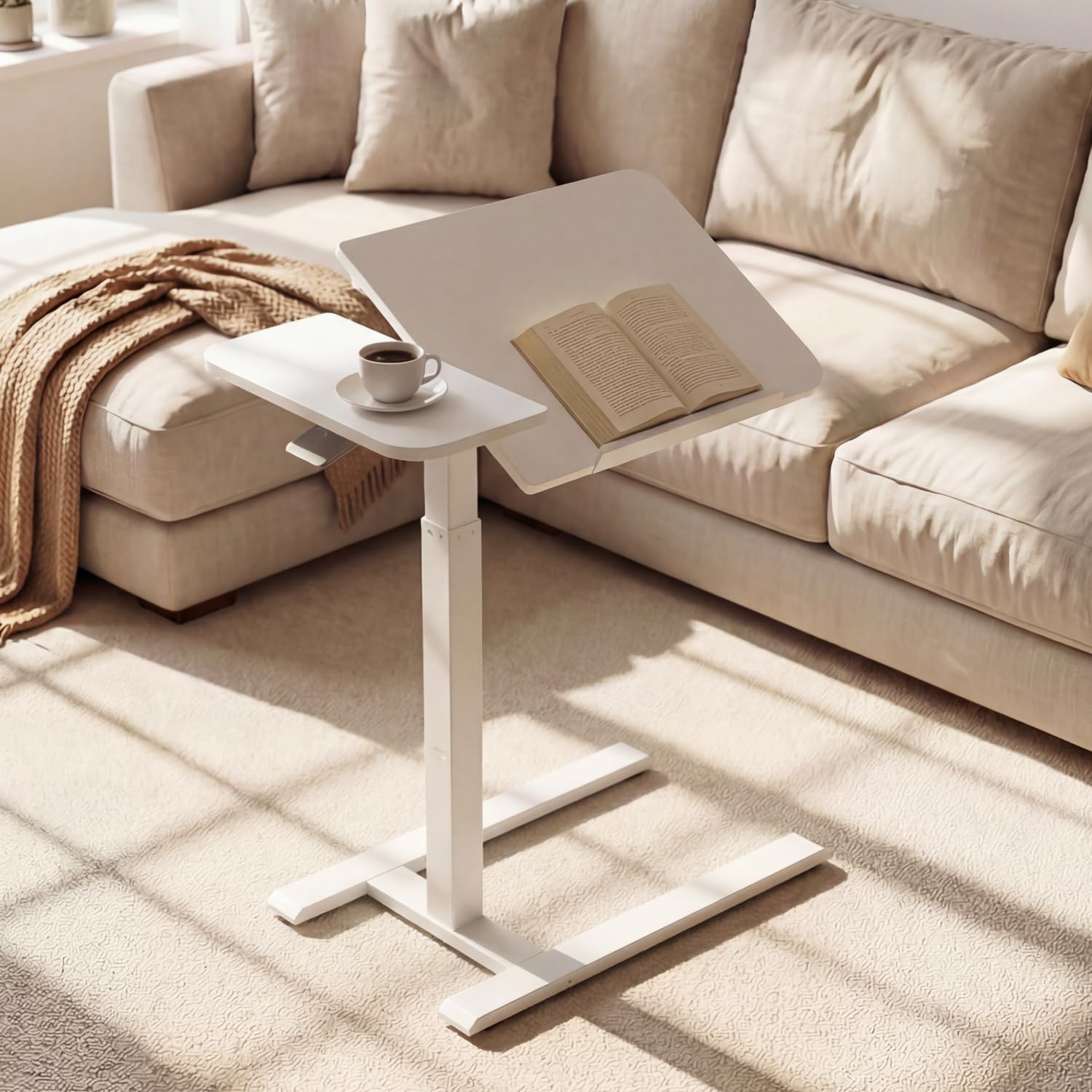 VIVIENDO Mesa Auxiliar para Cama con Ruedas, Blanco, Regulable en Altura 68–108 cm con Pistón de Gas, Mesa para Ordenador Portátil con Tablero Inclinable, para Cama, Sofá y Oficina, 70 x 40 cm