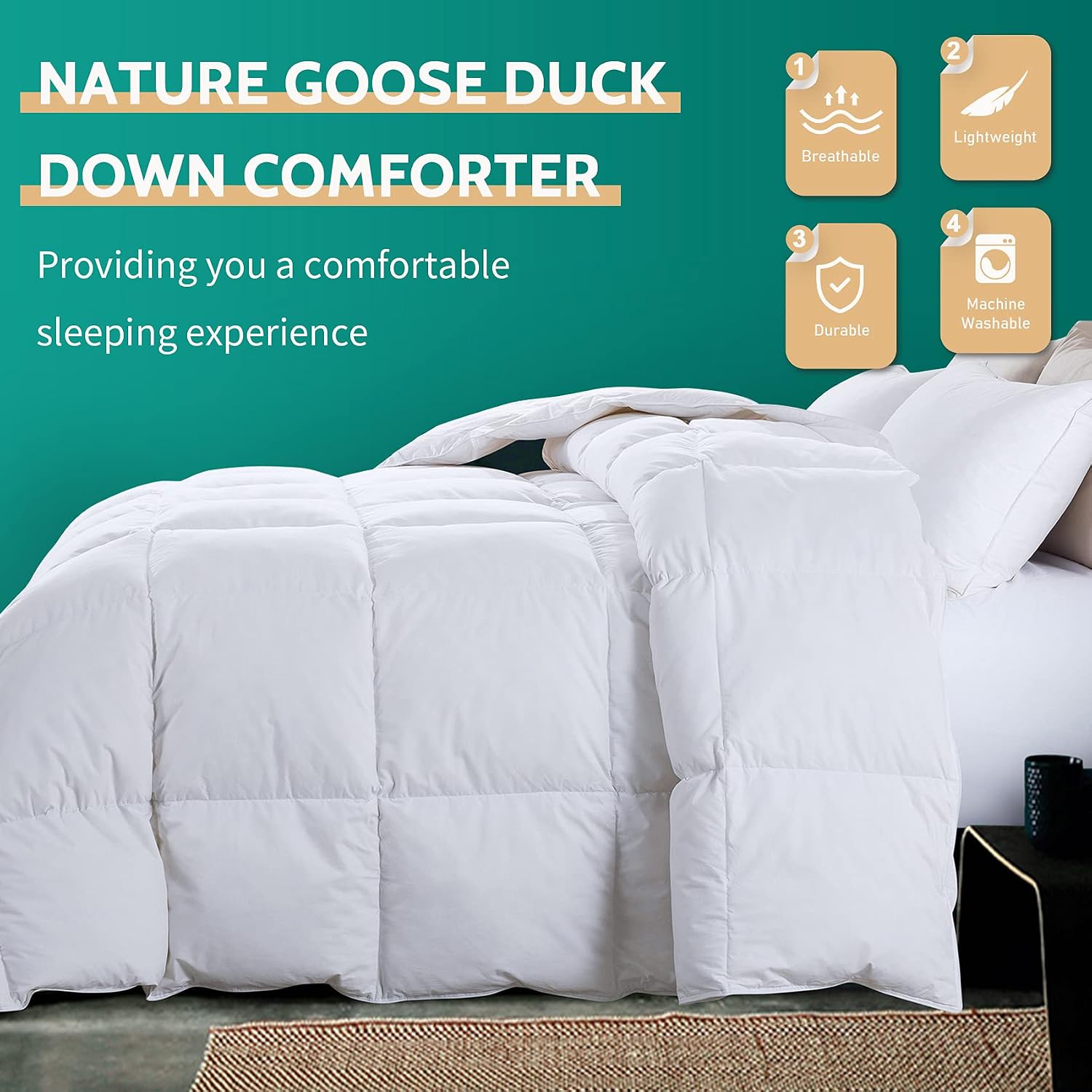 Decroom White Cal-King Comforter, 100% Cotton Quilted Down Comforter with White Goose Duck Down, Machine Washable Lightweight Duvet Insert（104 * 96 Inches）