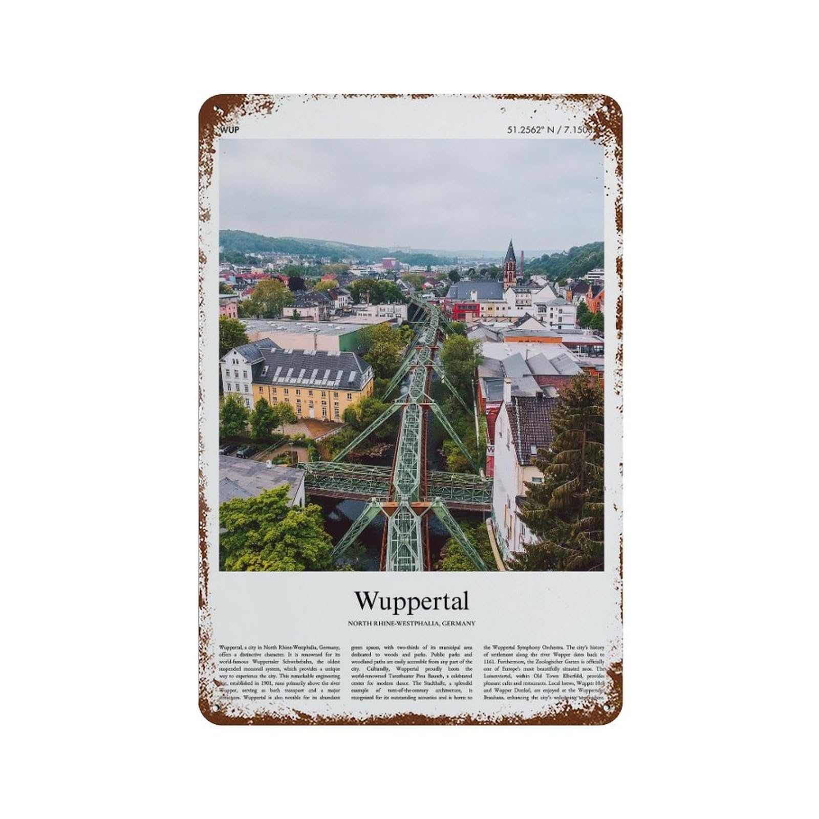 xiaoxiaoshen Wuppertal North Rhine-westphalia, Germany City Scenery Wall Decor Art Metal Tin Poster Modern Home Decor Art Home Bar Shop Decorations Vintage Sign 30x20cm