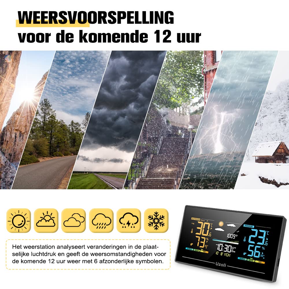 Uzoli Weather Station with Outdoor Sensors Wireless Color Display Thermometer Indoor Outdoor Hygrometer Alarm Clock Weather Forecast Air Pressure Comfort Level Mold Risk Home Weather Station - EM3405