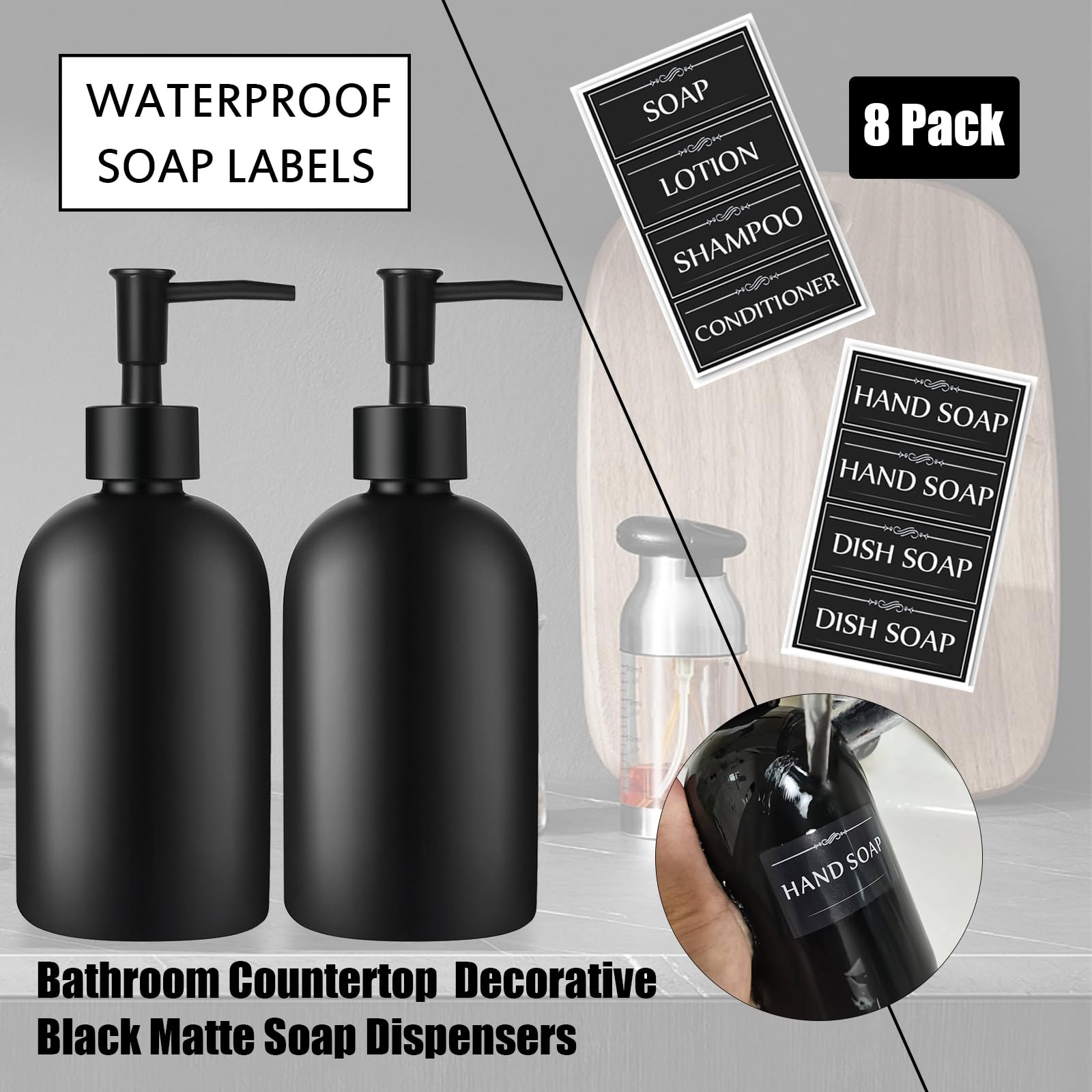 Lot De 2 Distributeurs De Savon En Verre Vert 450 Ml Avec Dessous Noir Et Entonnoir - Rechargeable, Pour Cuisine Ou Salle De Bain