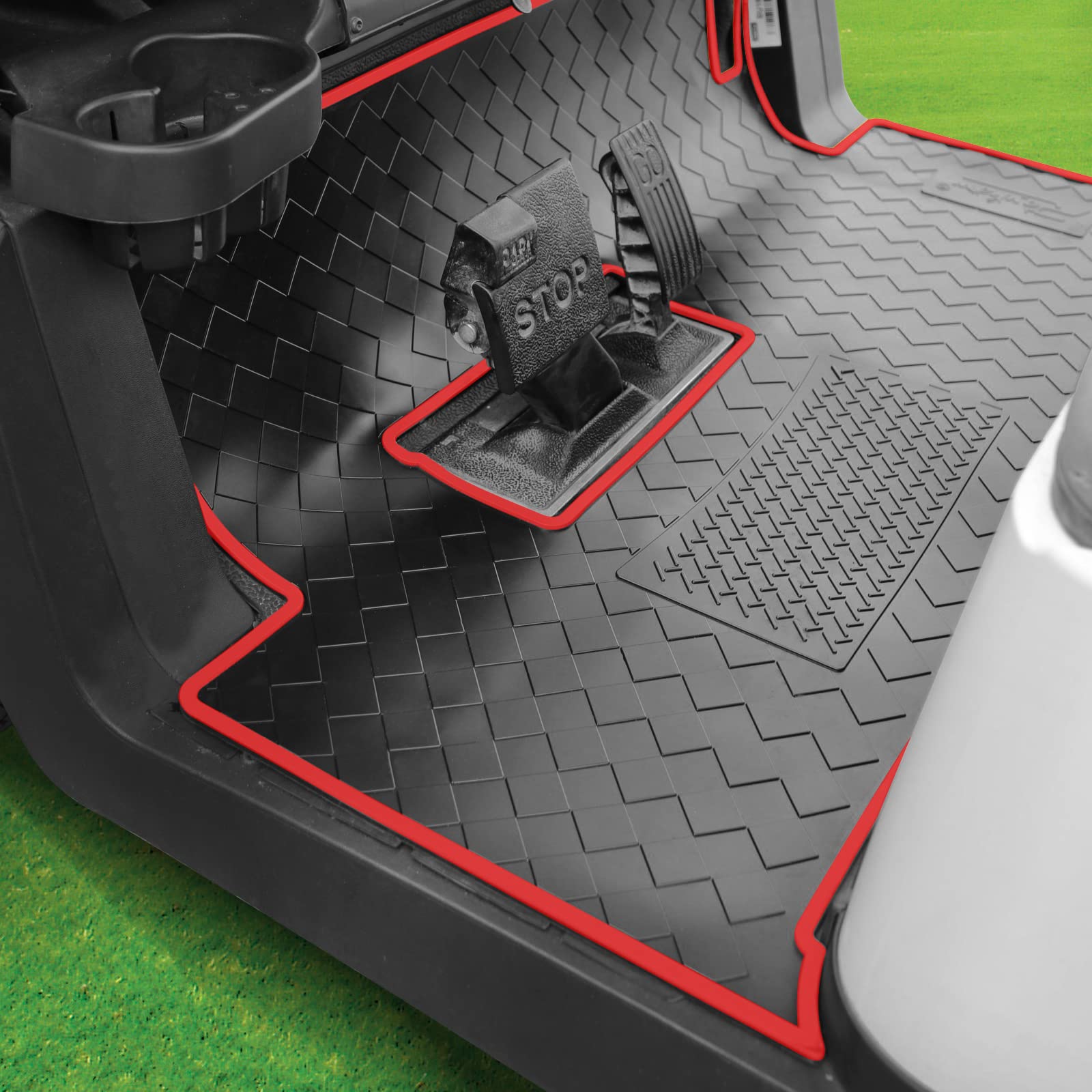 Roykaw Golf Cart Mat Full Coverage Floor Liner for Club Car Precedent (2004-2022), Onward & Tempo (2017-2022), Villager & V4L (2019-2022), Non-Slip and Easy to Clean - Black Trim/Red Trim