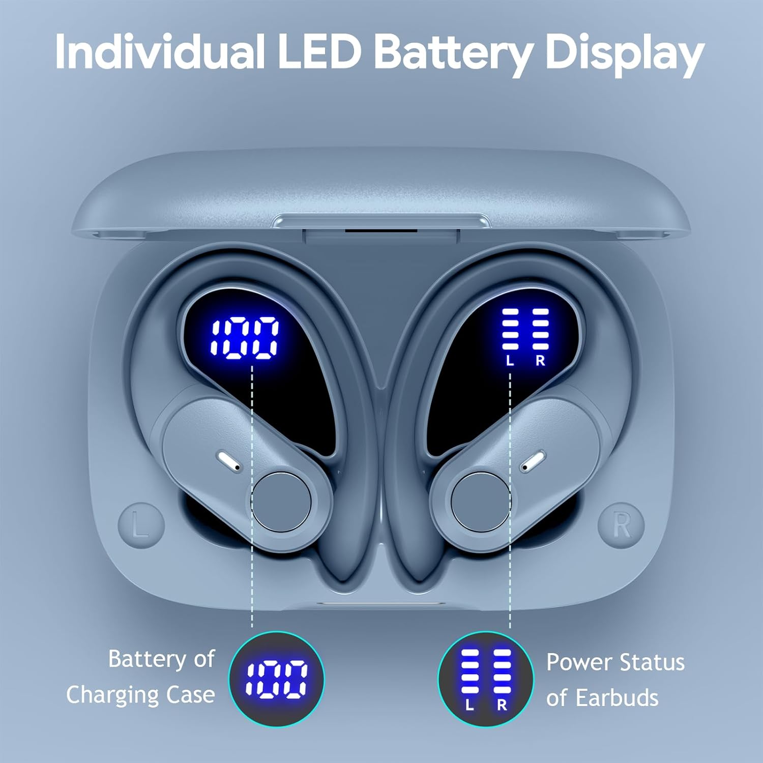 Active Noise Cancelling Wireless Earbuds Bluetooth Headphones 80H Playtime Ear Buds with Power Display Case Hi-Res Sound & Clear Calls Over Ear Hooks Earphones for Sports Running Workout Sierra Blue