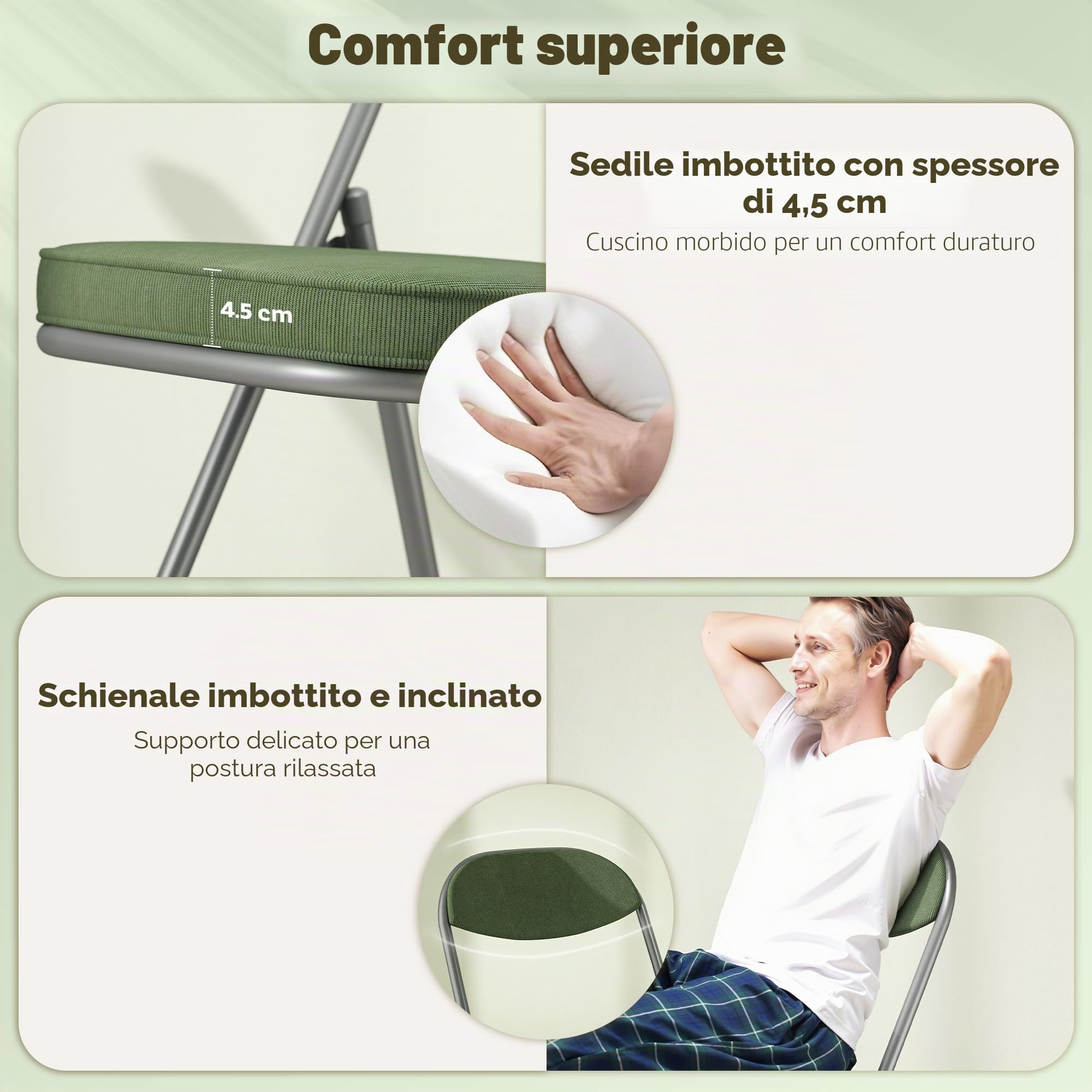 HOMCOM Set di 4 sedie pieghevoli per sala da pranzo portatili con sedute e schienale imbottiti in velluto a coste e telaio in acciaio, carico fino a 120 kg, verde