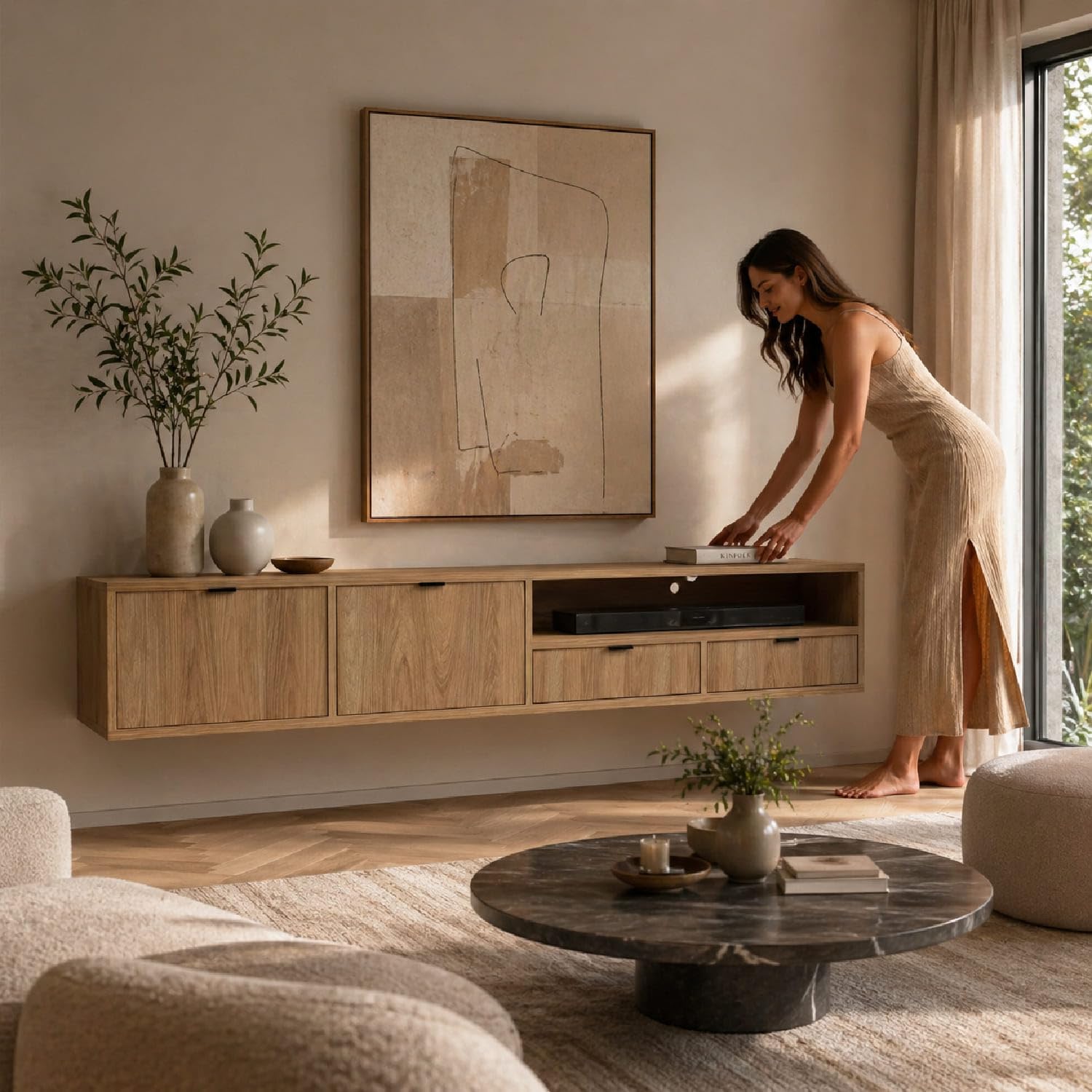 Arreditaly Mobile Porta TV Sospeso Moderno Con 2 Ante A Ribalta 2 Cassetti E Vano A Giorno Con Passacavo Per Soggiorno Salotto Zona Living Design Minimal Contemporaneo 200 X 55 X 40 Cm Rovere