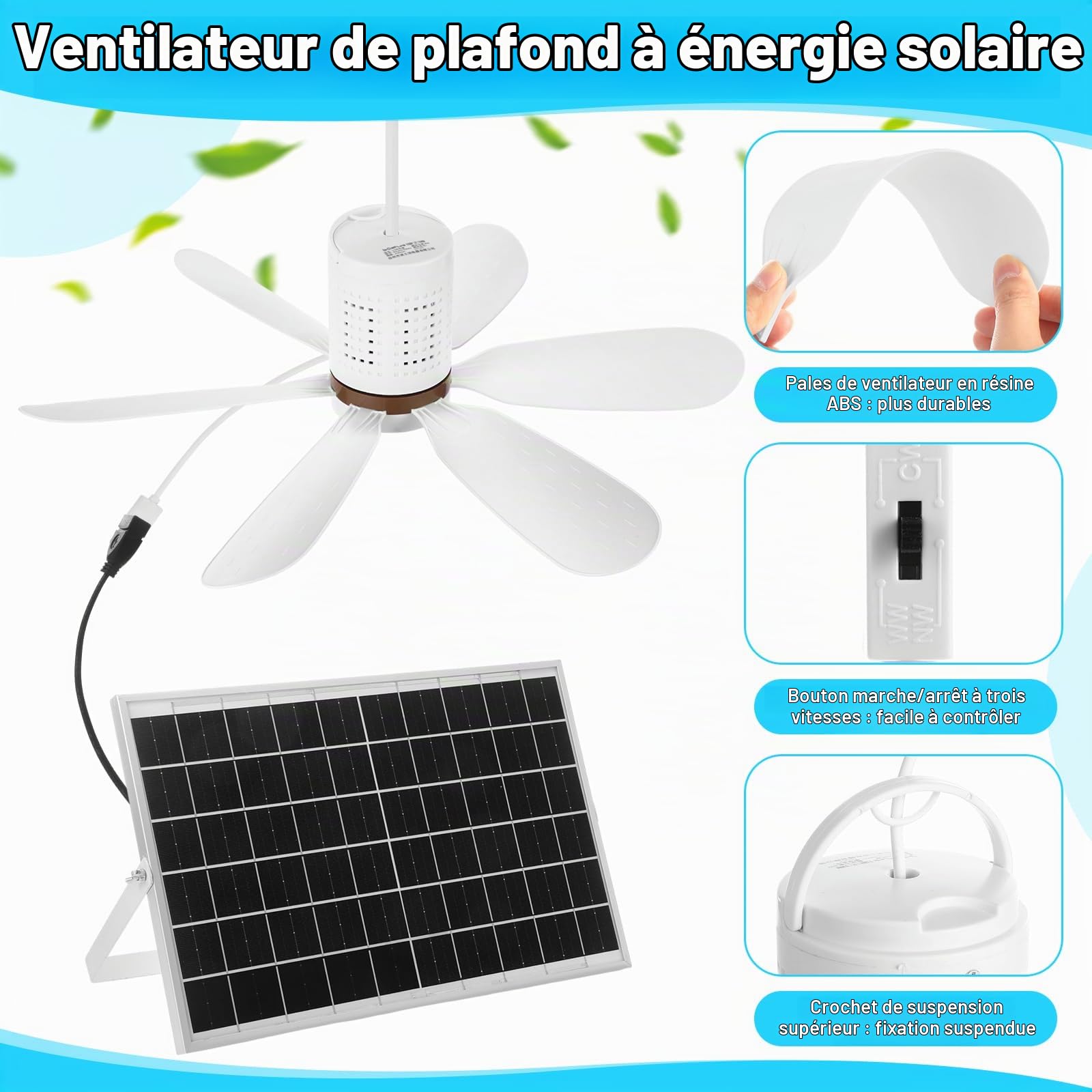 Kit de ventilateur de plafond solaire portable 15 W avec panneau solaire monocristallin USB à suspendre avec bouton marche/arrêt pour terrasse, camping, tente, poulailler, serre, abri de