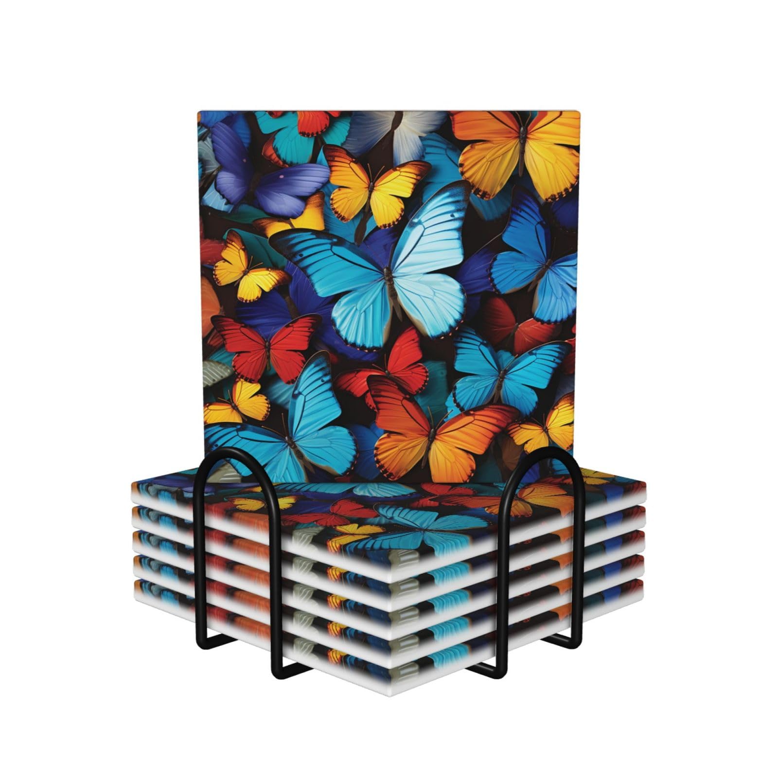 Dessous de verre papillons en céramique absorbante avec support | Lot de 6