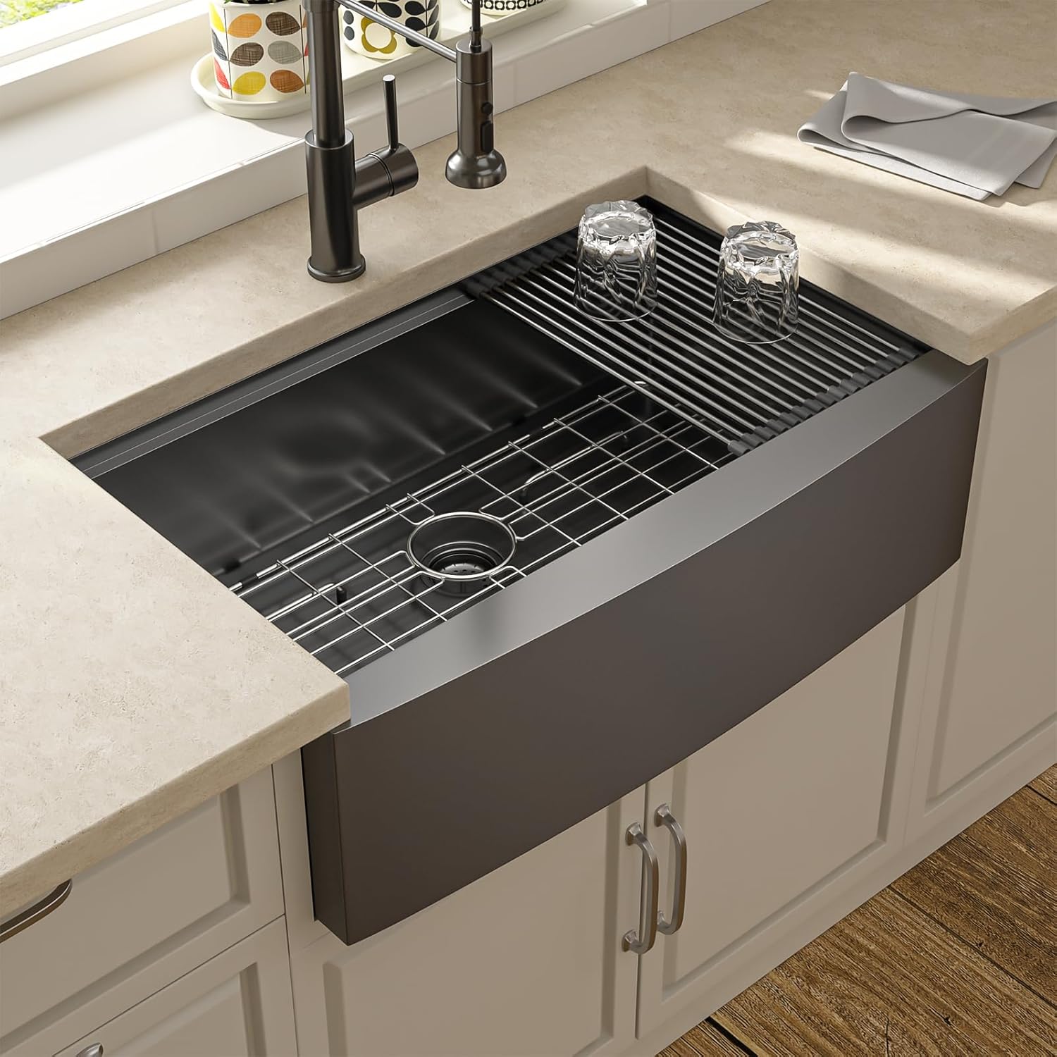 Lordear 33 Black Kitchen Sink 33 x 22 Apron Front Farmhouse Sink Gunmetal Black Stainless Steel 16 Gauge Single Bowl Ledge Workstation Farm Sink Basin, 9" Apron Height