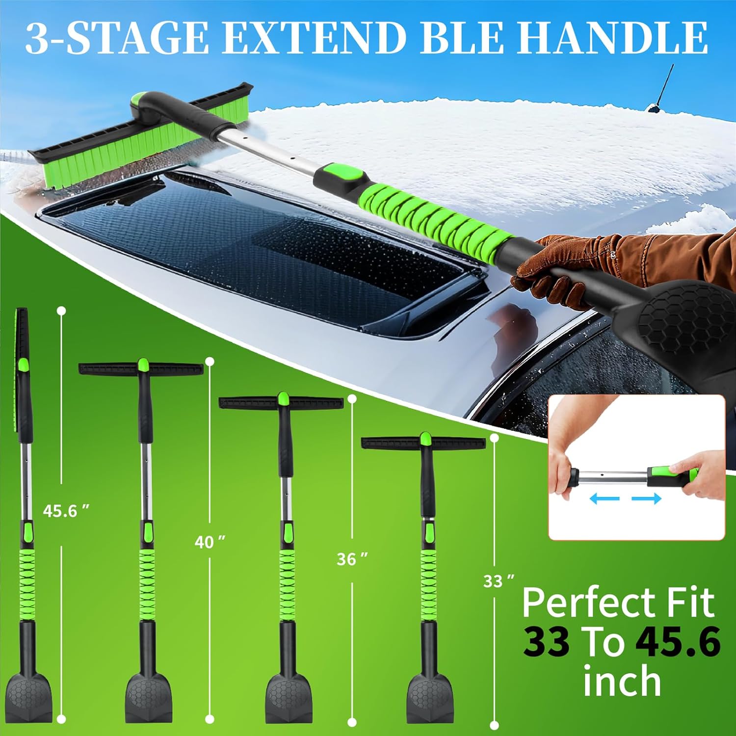 45.6" Ice Scraper and Snow Brush for Car Windshield [Silicone Bristles] ,3-in-1 Extendable Emergency Snow Shovel with Ergonomic Foam Grip and 360° Pivoting Brush Head for Christmas, Car Auto Truck SUV