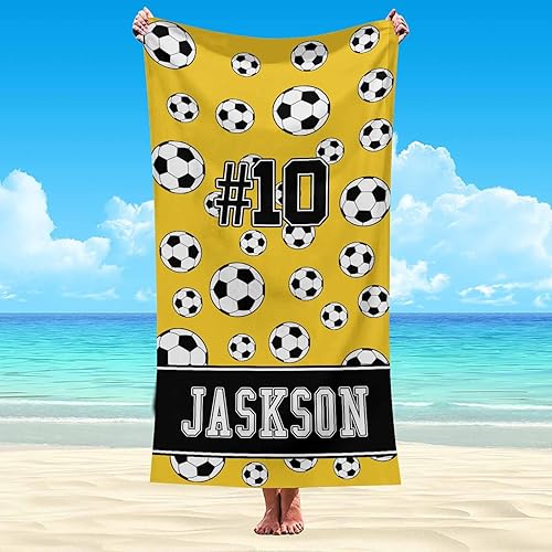 Artsadd Toalla de playa con nombre personalizado para hombres y mujeres, color amarillo limón personalizado y fútbol, nombre personalizado, piscina, disponible en Yaxa Costa Rica