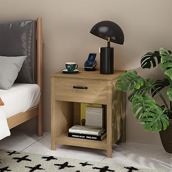 22" Solid Engineered Wood Nightstand, Nightstand with Storage with Pull-Out Drawers, Mid Century Minimalist Storage Cabinet with Hollow Shelves for Household Rest Spaces, Brown