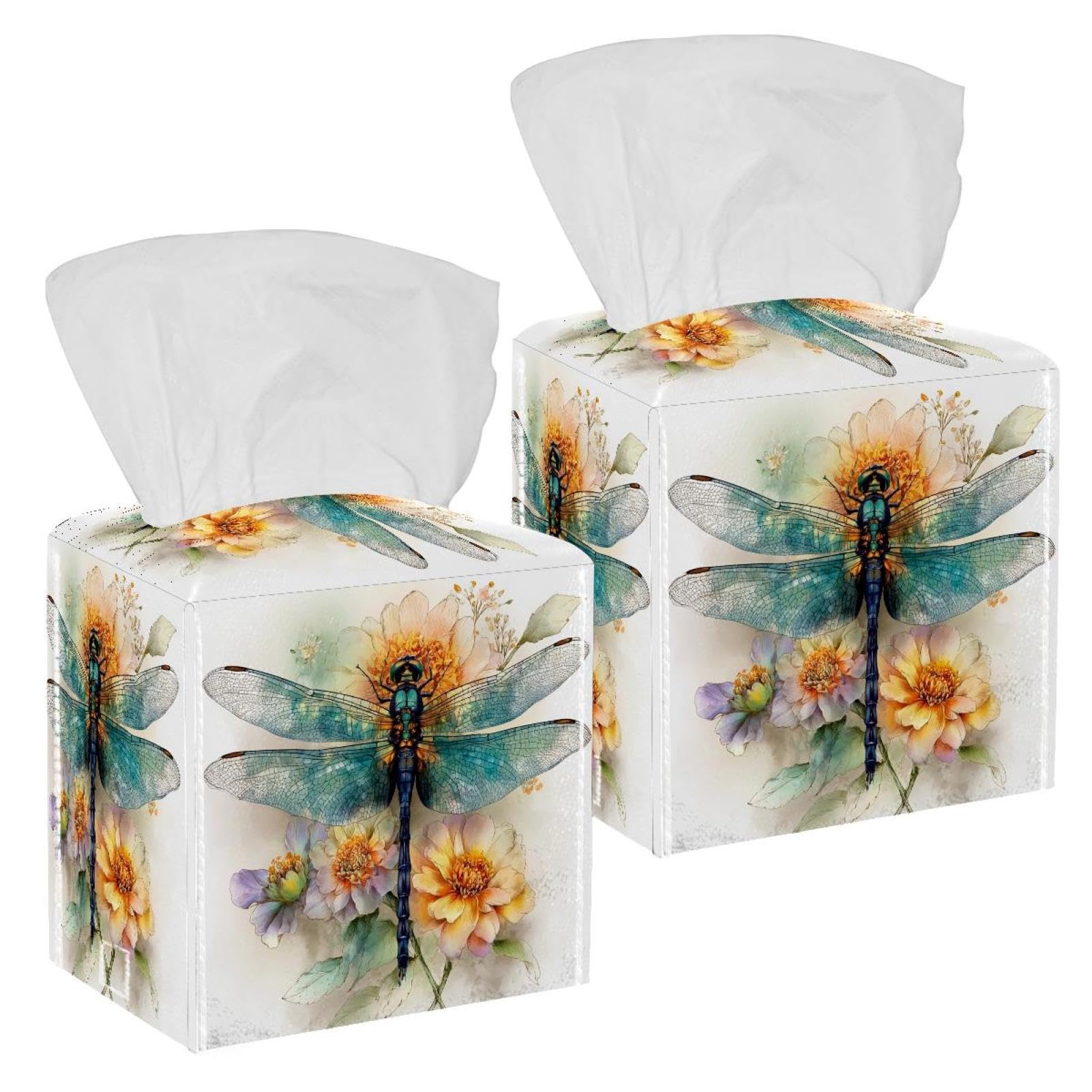 Dragonfly Tissue Box Cover, 2 Pack PU Leather Square Facial Tissue Dispenser Box holder for Home Office Car