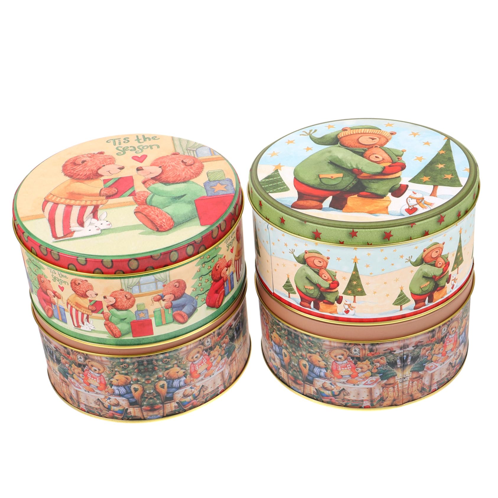 Amosfun 4pezzi Scatole Di Biscotti Natalizie in Lattine Rotonde Coperchio Per Regali Di Natale e Capodanno Design Orsetti Festivi