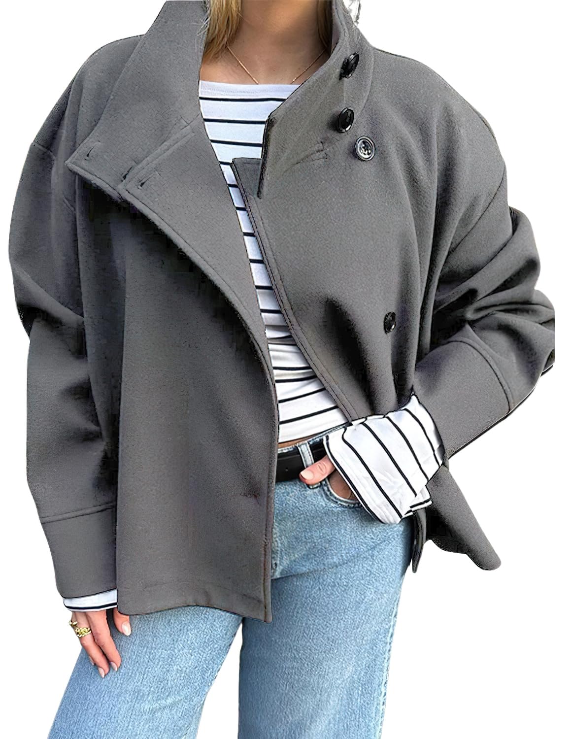 chouyatou Womens Winter Stand Collar Crop Wool Coat Single Breasted Short Blazer Jacket Coat Outerwear